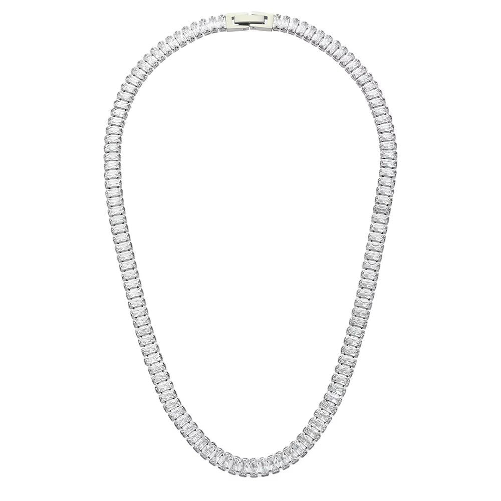 The Accessory Bar silver tennis necklace with baguette and brilliant-cut cubic zirconia in rhodium-plated steel.