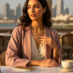 The Accessory Bar Yara lariat necklace with green cubic zirconia on a silver-tone alloy chain worn by a woman.