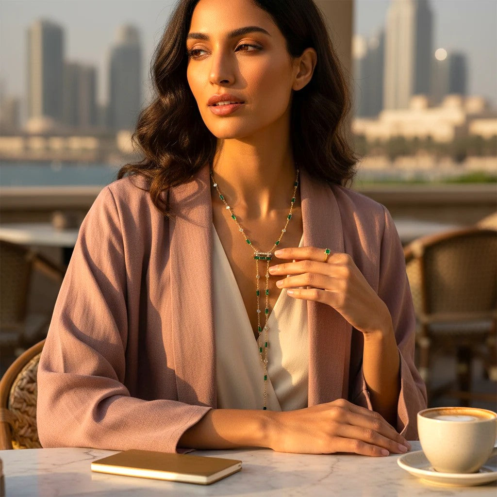 The Accessory Bar Yara lariat necklace with green cubic zirconia on a silver-tone alloy chain worn by a woman.