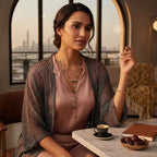 Model wearing The Accessory Bar Yara lariat necklace with green cubic zirconia stones in a luxury Dubai setting.