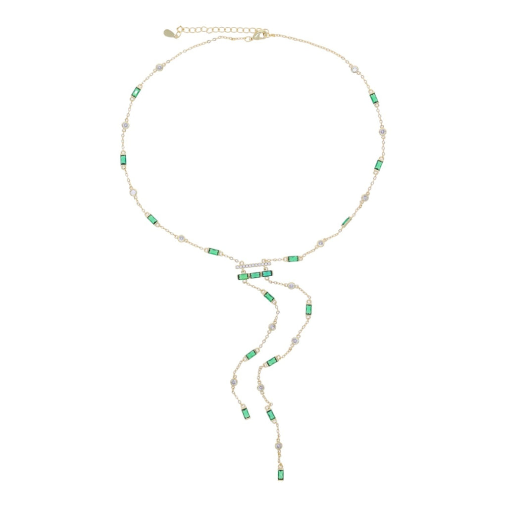 The Accessory Bar Yara lariat necklace in silver-tone alloy with green and clear square-cut cubic zirconia stones.