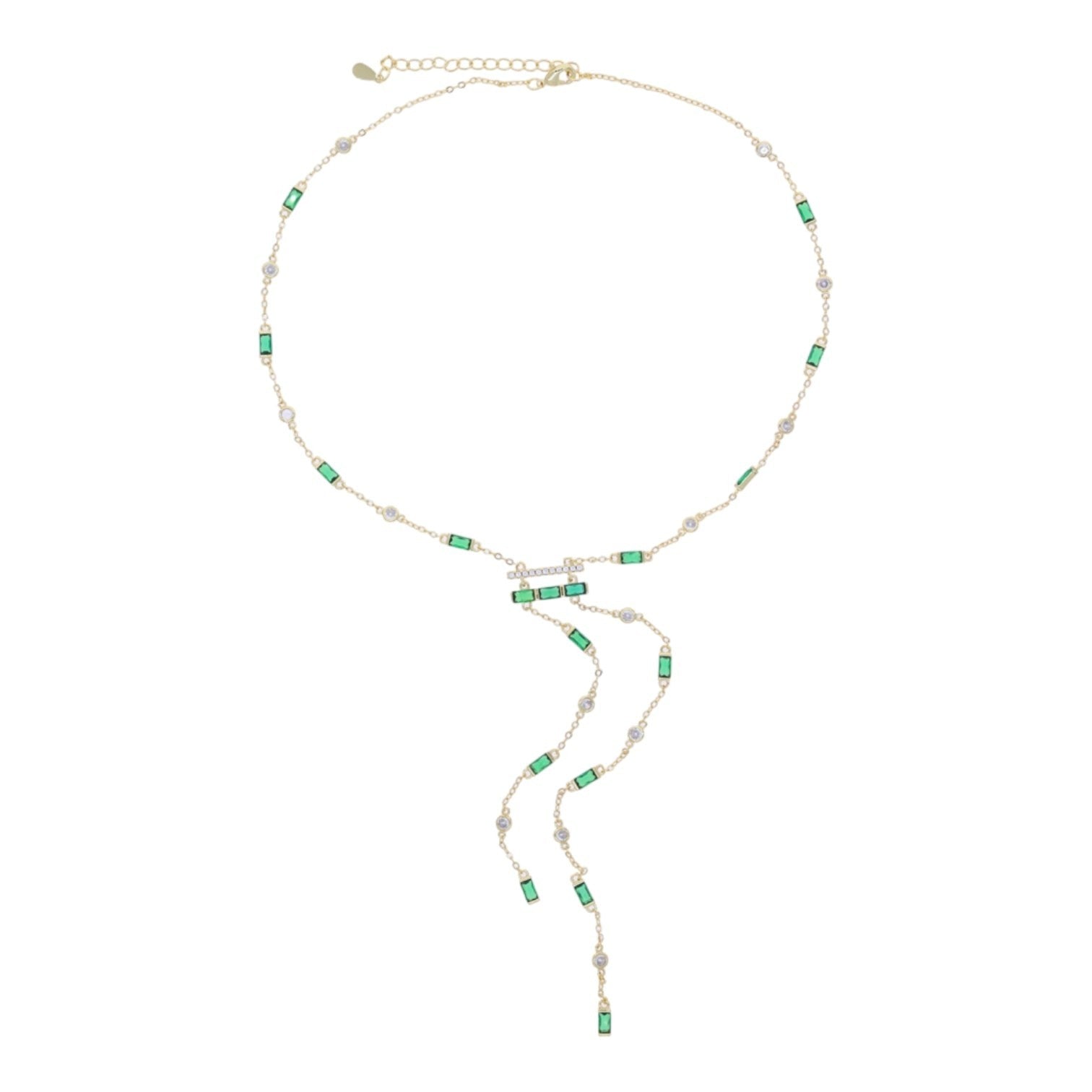 The Accessory Bar Yara lariat necklace in silver-tone alloy with green and clear square-cut cubic zirconia stones.