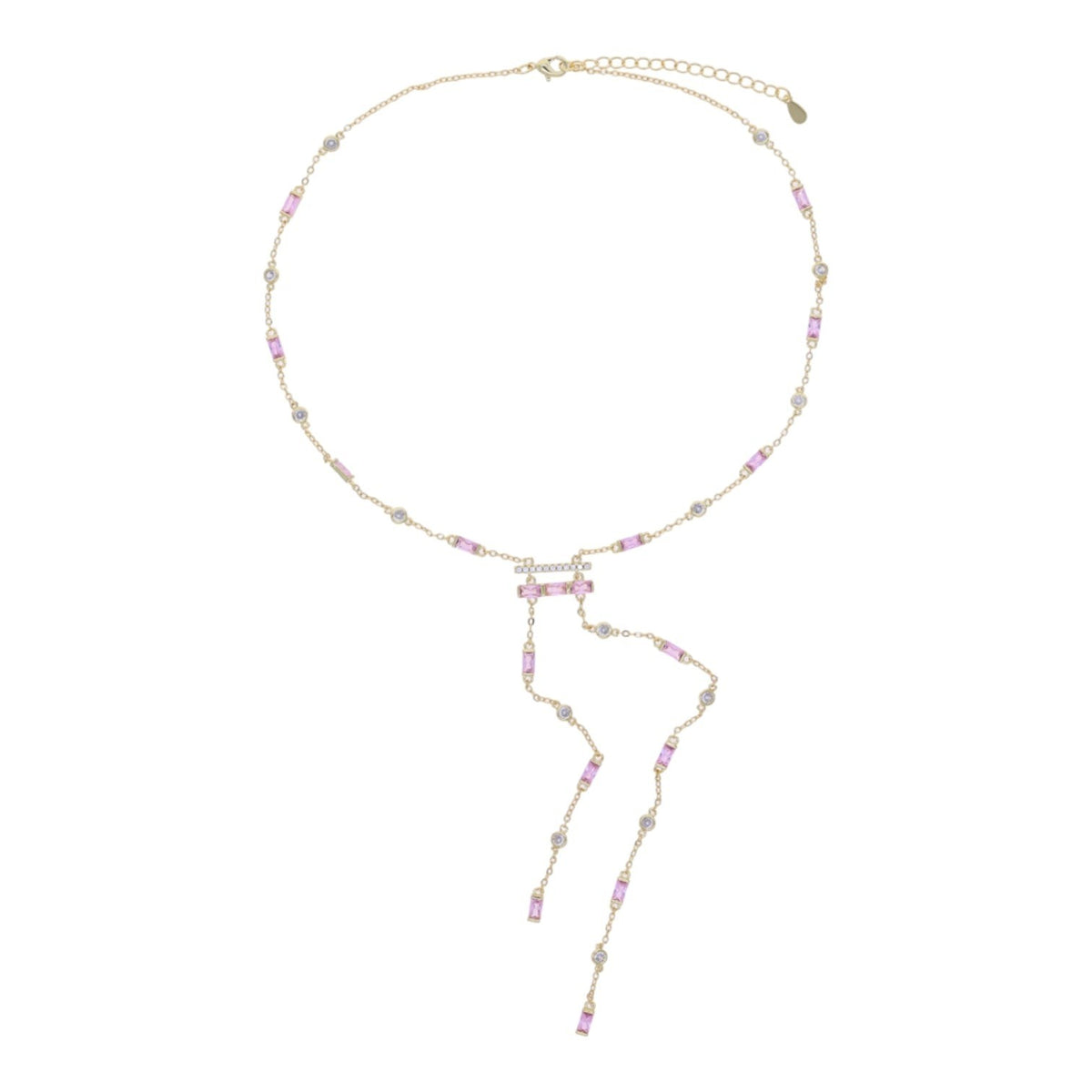 The Accessory Bar Yara lariat necklace featuring pink square-cut cubic zirconia stones on a delicate silver-tone chain.