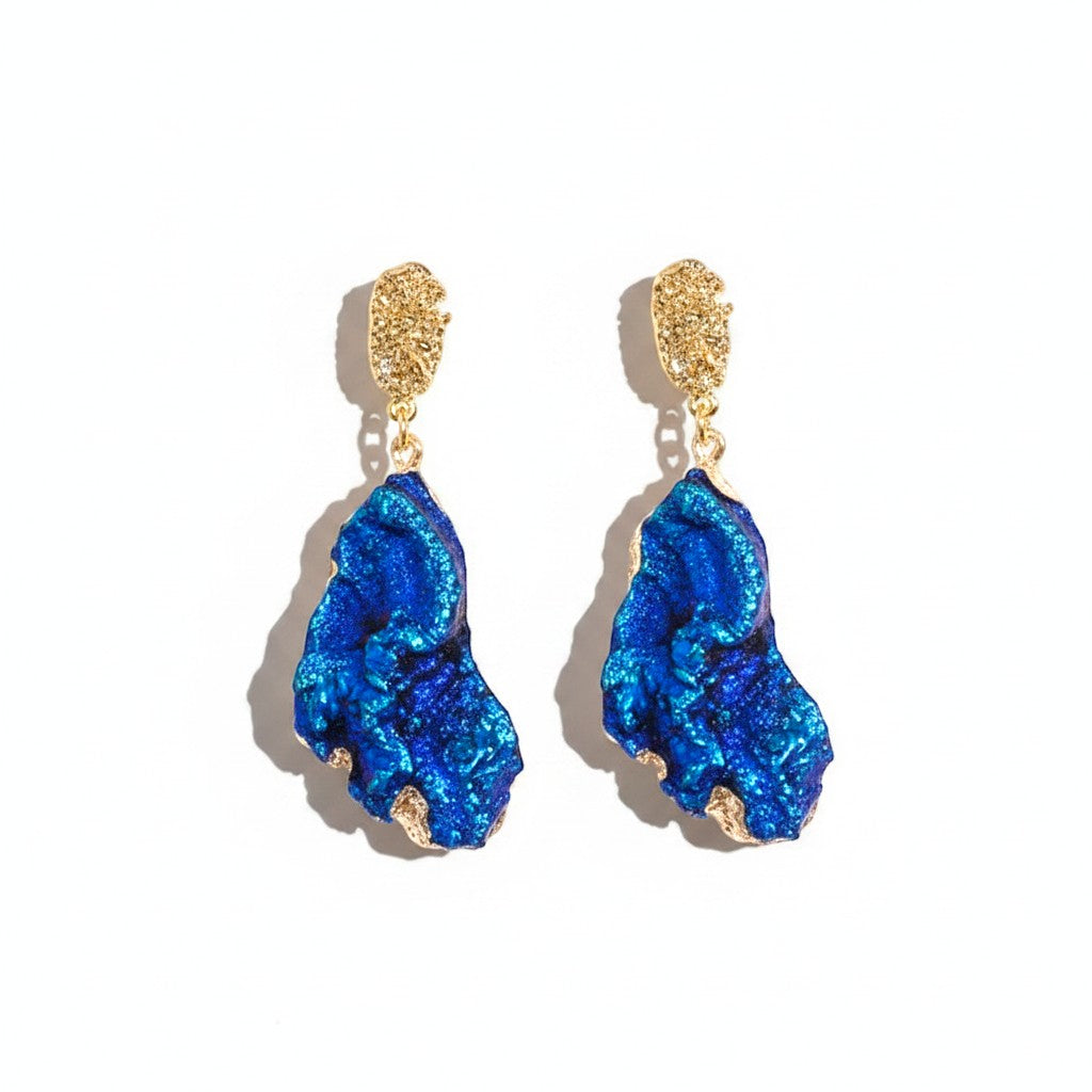 The Accessory Bar The Zara gold-plated stainless steel drop earrings with textured blue cubic zirconia stones.